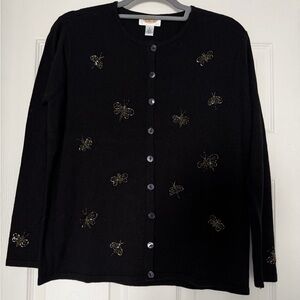 Talbots Vintage Black Sweater with Gold Beaded Embellishments Silk Wool Blend